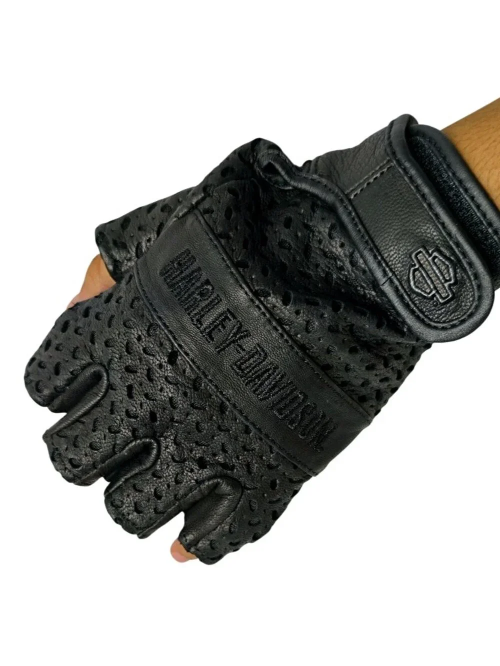 Harley-Davidson Women Black Fingerless Leather Motorcycle Gloves L Perforated